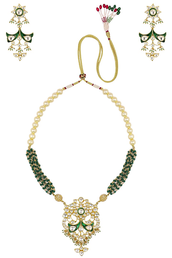 Riana Jewellery presents Gold plated green stone meena pendant necklace with earrings set available only at Pernia's Pop Up Shop.
