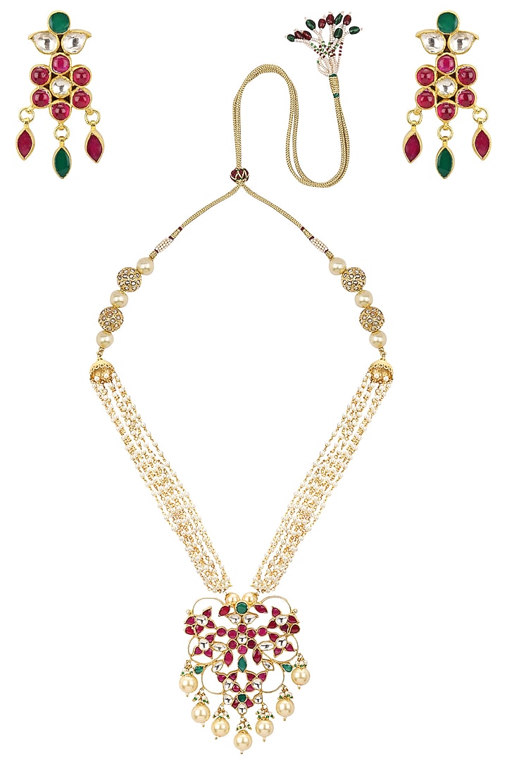 Riana Jewellery presents Gold plated pink and green stone pendant necklace with earrings set available only at Pernia's Pop Up Shop.