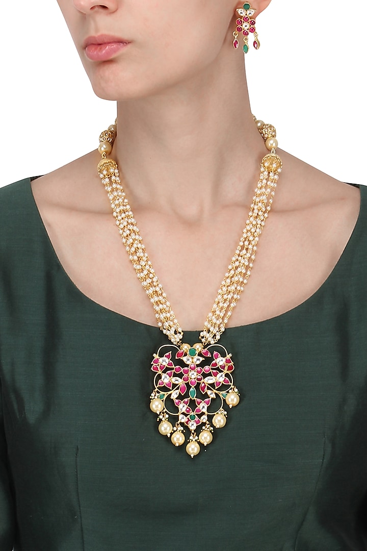 Gold Plated Pink and Green Stone Pendant Necklace With Earrings Set by Riana Jewellery