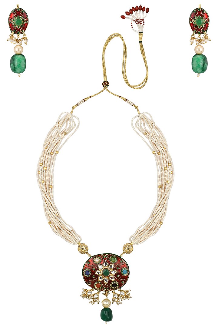 Riana Jewellery presents Gold plated navratna stone pendant necklace with earrings set available only at Pernia's Pop Up Shop.