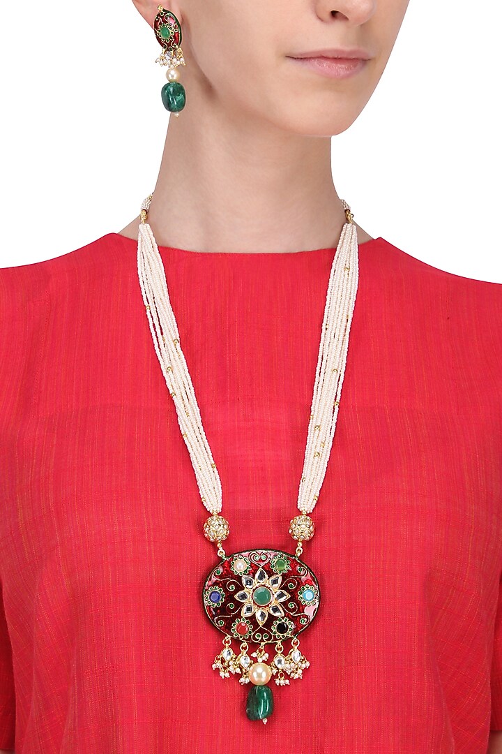Riana Jewellery presents Gold plated navratna stone pendant necklace with earrings set available only at Pernia's Pop Up Shop.