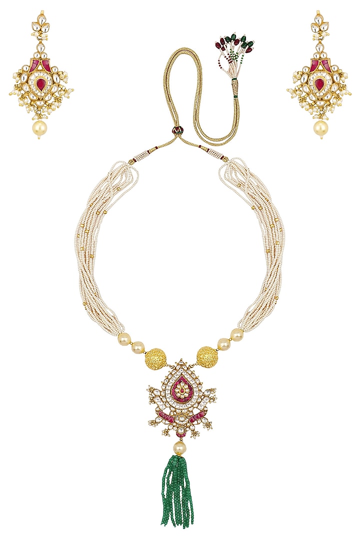 Gold finish white and red stone pendant necklace available only at Pernia's Pop Up Shop.