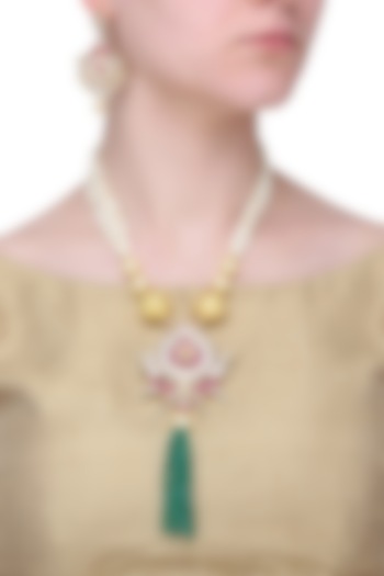 Gold Finish White and Red Stone Pendant Necklace by Riana Jewellery