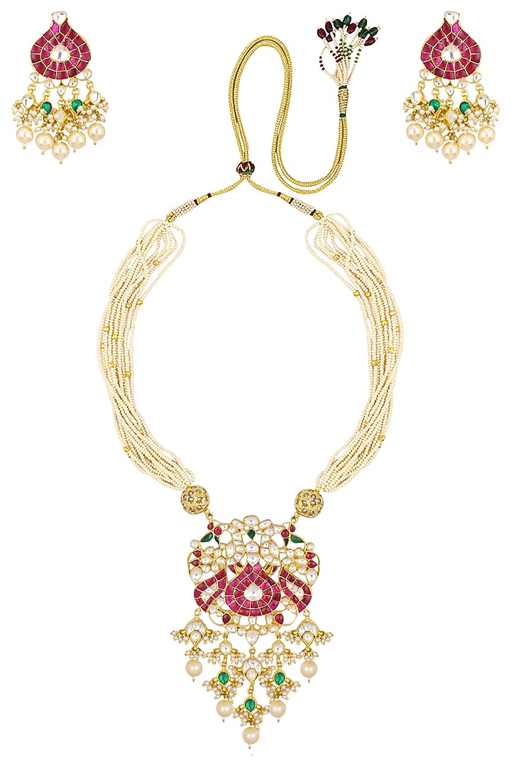 Gold finish white and red stone matki pendant necklace set available only at Pernia's Pop Up Shop.