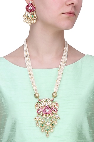 Gold Finish White and Red Stone Matki Pendant Necklace Set by Riana Jewellery
