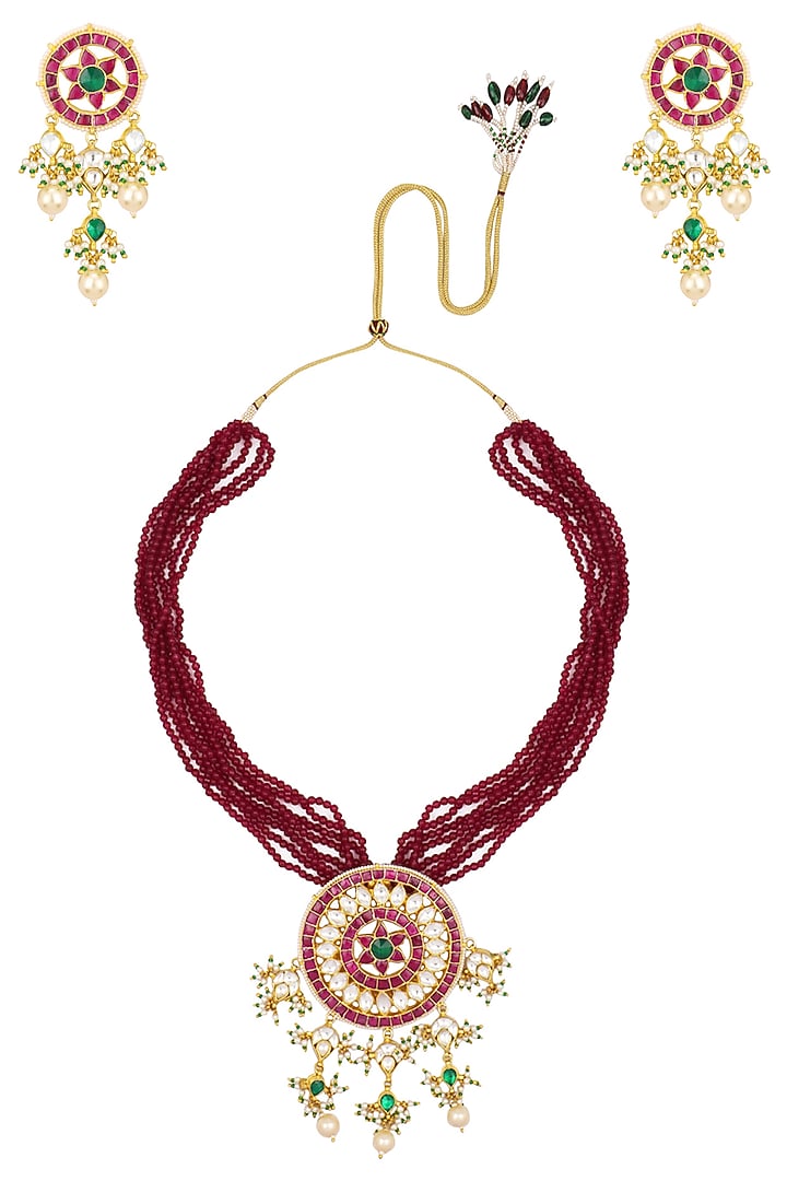 Gold finish white and red stone round pendant necklace set available only at Pernia's Pop Up Shop.