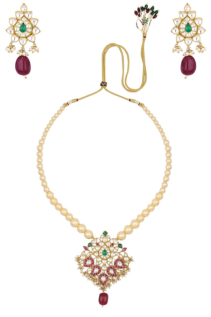 Gold finish pink and white stone leaf pendant necklace available only at Pernia's Pop Up Shop.