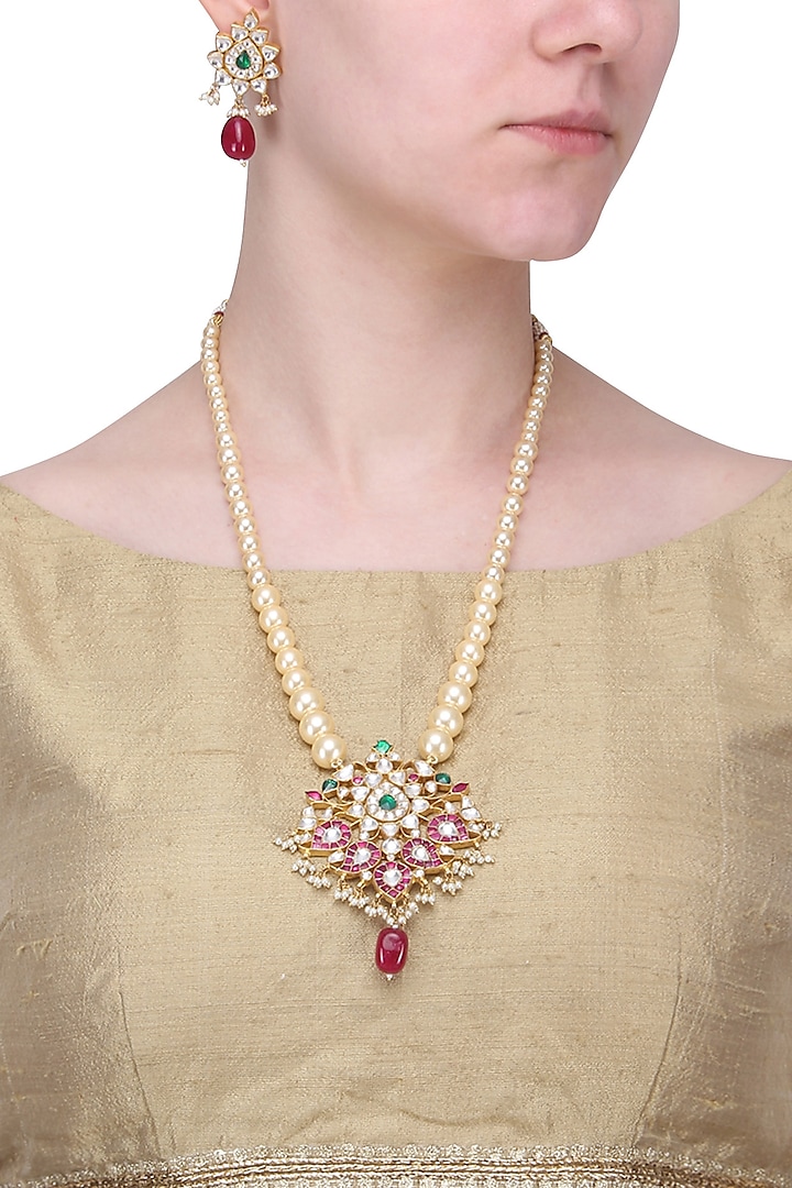 Gold Finish Pink and White Stone Leaf Pendant Necklace by Riana Jewellery
