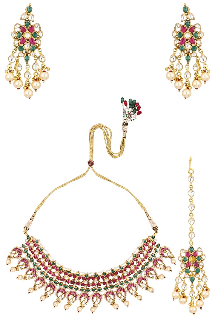 Gold finish pink and green stone choker necklace set with maang tikka available only at Pernia's Pop Up Shop.