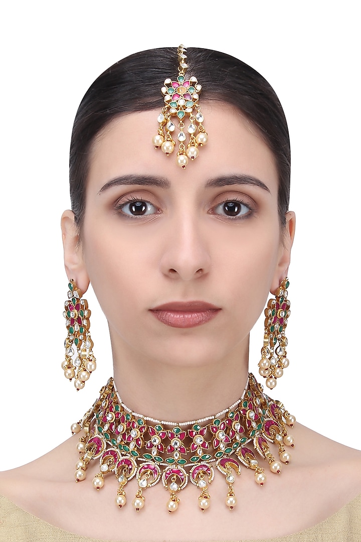 Gold Finish Pink and Green Stone Choker Necklace Set with Maang Tikka by Riana Jewellery