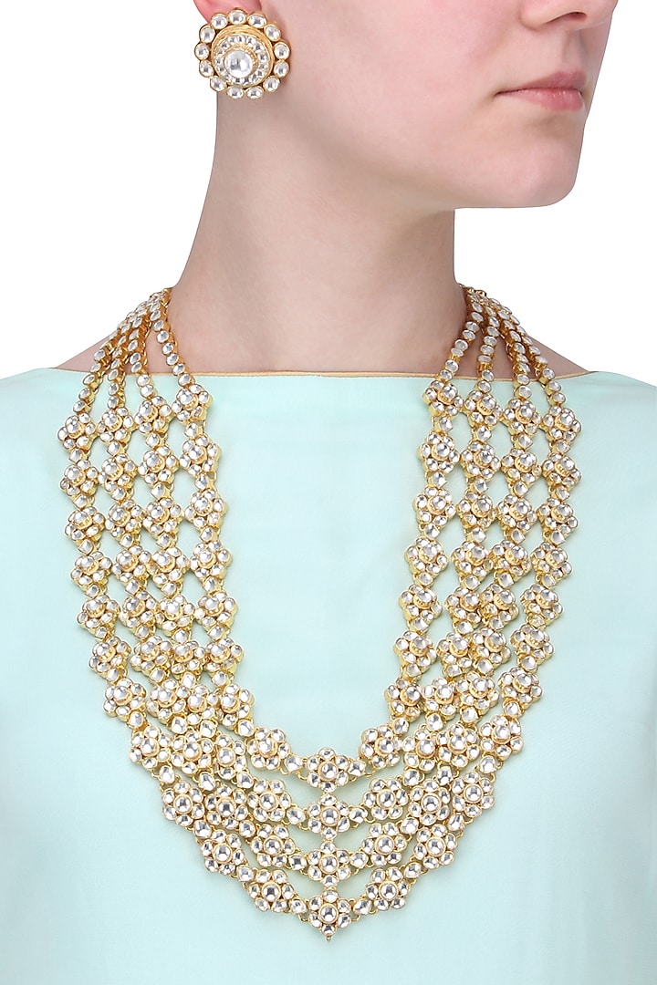 Gold Finish White Stone Studded Necklace Set by Riana Jewellery