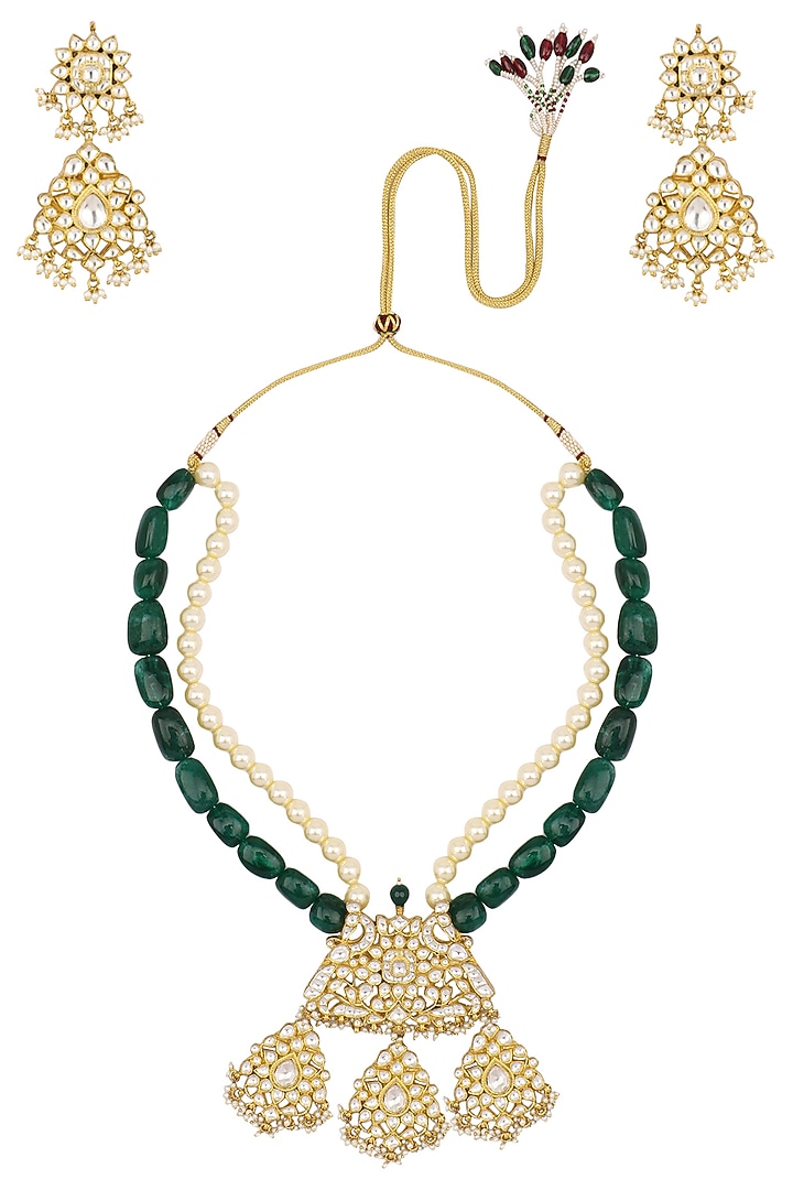 Gold finish white stone studded peacock pendant necklace set available only at Pernia's Pop Up Shop.