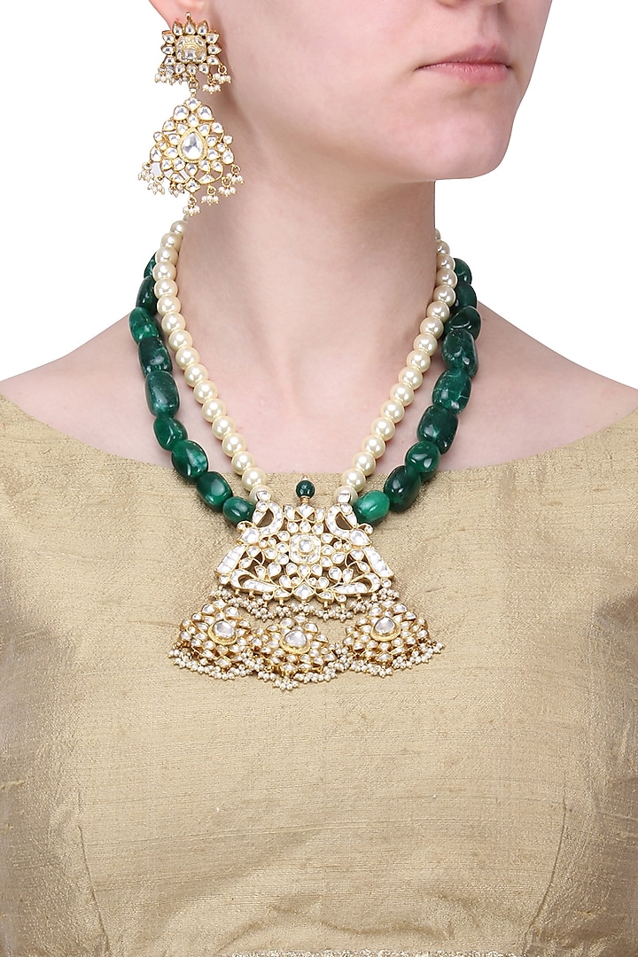 Gold Finish White Stone Studded Peacock Pendant Necklace Set by Riana Jewellery