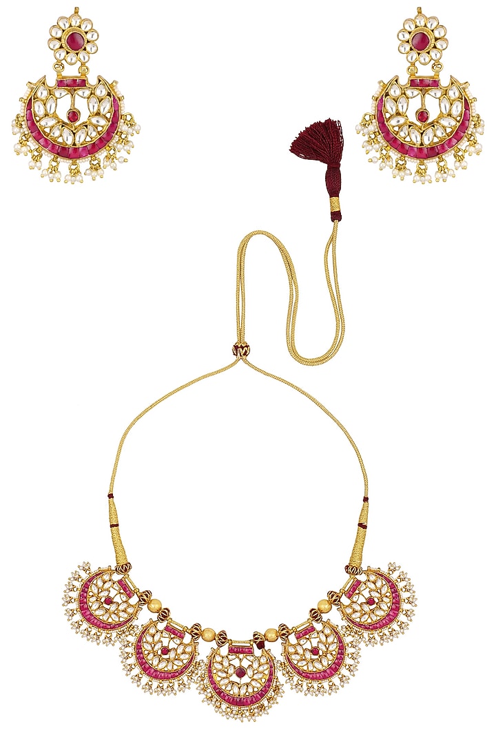 Gold finish white and red stone fan necklace set available only at Pernia's Pop Up Shop.