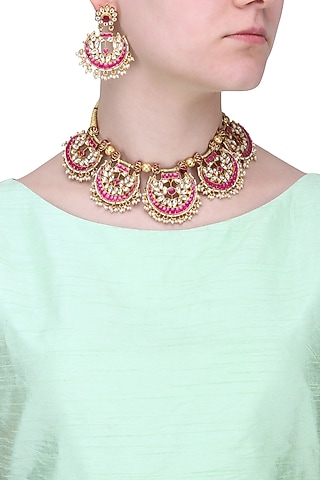 Gold Finish White and Red Stone Fan Necklace Set by Riana Jewellery
