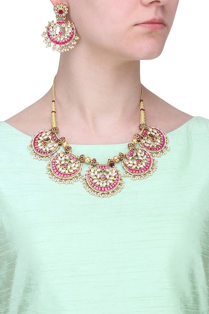 Gold finish white and red stone fan necklace set available only at Pernia's Pop Up Shop.