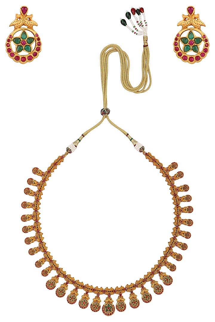 Gold finish red and green stone necklace set available only at Pernia's Pop Up Shop.
