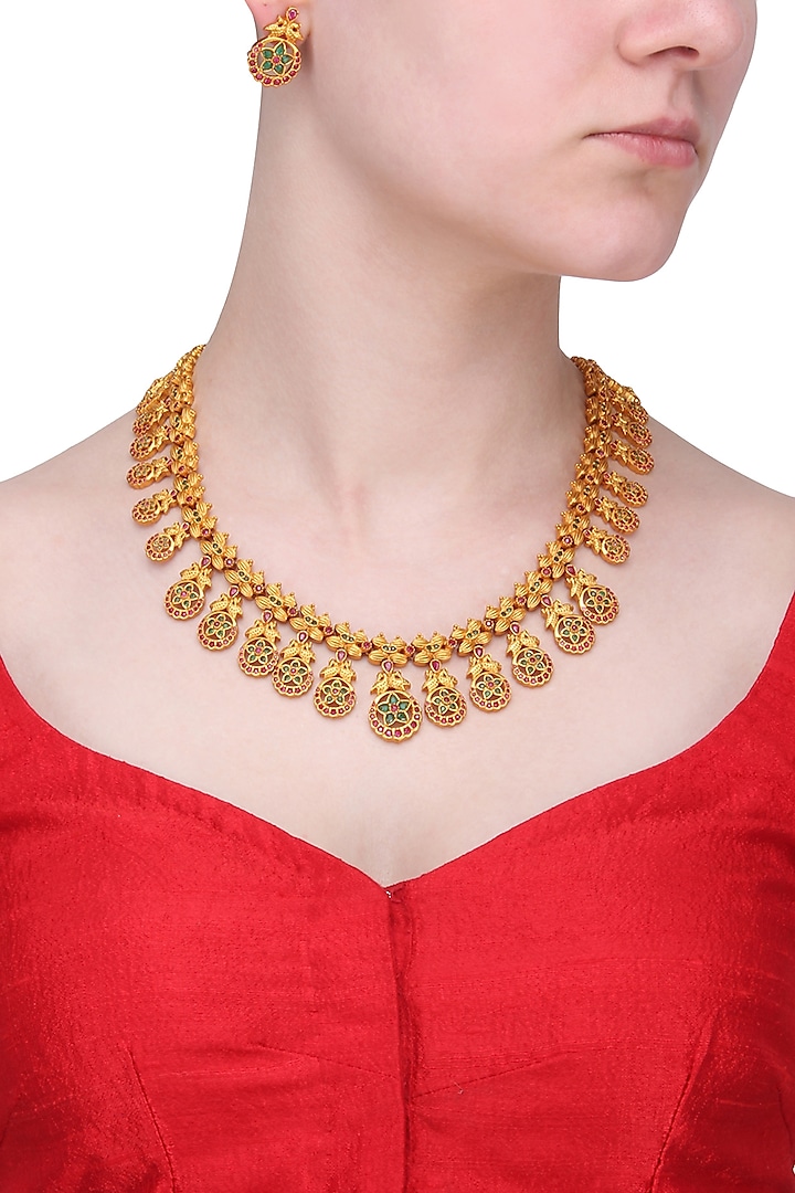 Gold Finish Red and Green Stone Necklace Set by Riana Jewellery