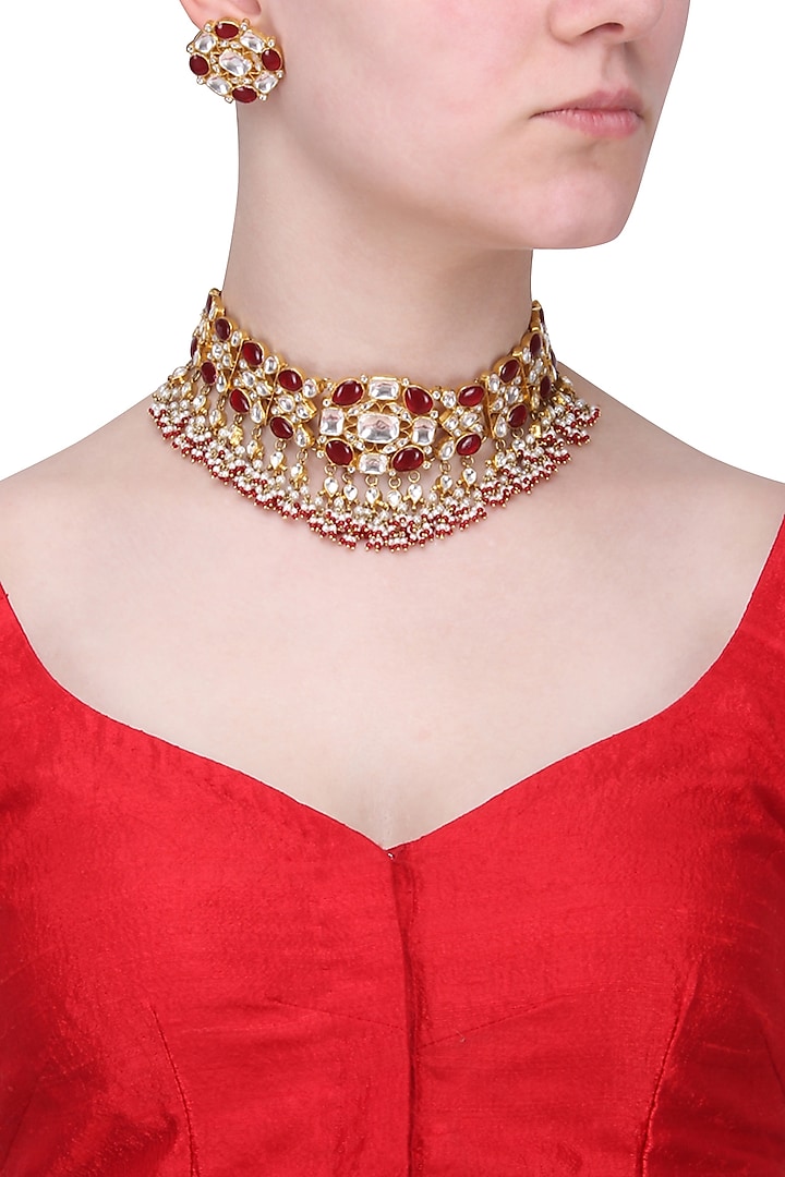 Gold Finish White and Red Stones Necklace Set by Riana Jewellery