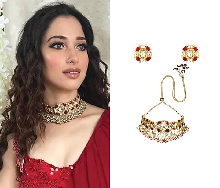 Gold finish white and red stones necklace set available only at Pernia's Pop Up Shop.
