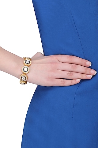 Gold Finish Kundan Stone Single Line Bracelet by Riana Jewellery