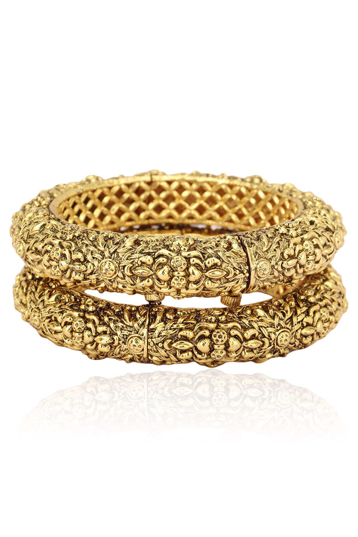 Set Of 2 Gold Finish Cutwork Bangles by Riana Jewellery