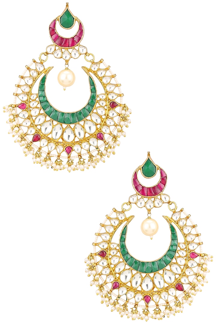 Gold finish green and kundan stone chandbali earrings available only at Pernia's Pop Up Shop.