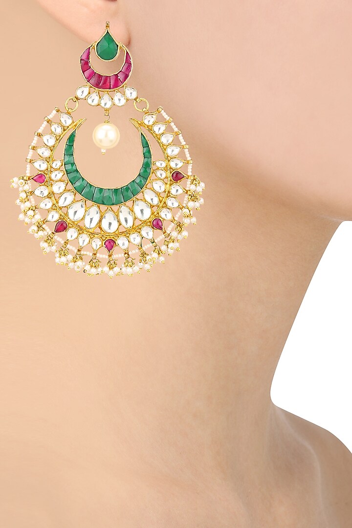 Gold finish green and kundan stone chandbali earrings available only at Pernia's Pop Up Shop.