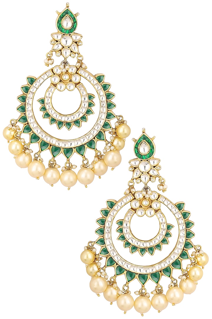 Gold finish white and green jadtar stone chandbali earrings available only at Pernia's Pop Up Shop.