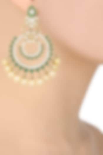 Gold Finish White and Green Jadtar Stone Chandbali Earrings by Riana Jewellery