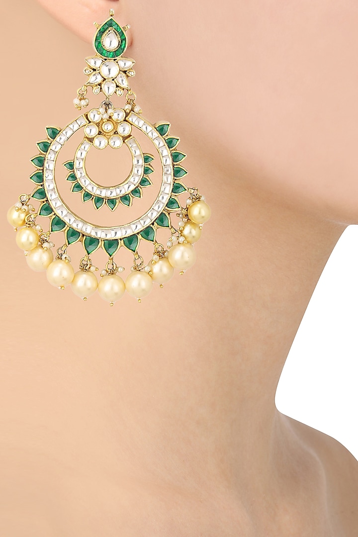 Gold finish white and green jadtar stone chandbali earrings available only at Pernia's Pop Up Shop.