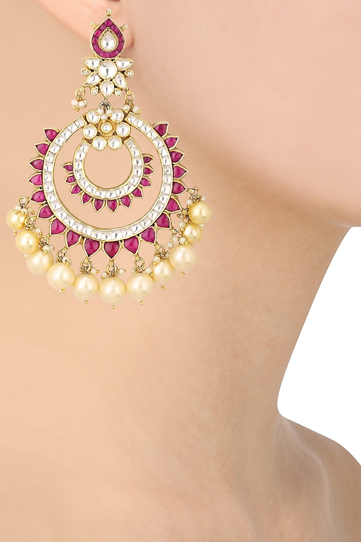 Gold Finish White and Pink Jadtar Stone Chandbali Earrings by Riana Jewellery