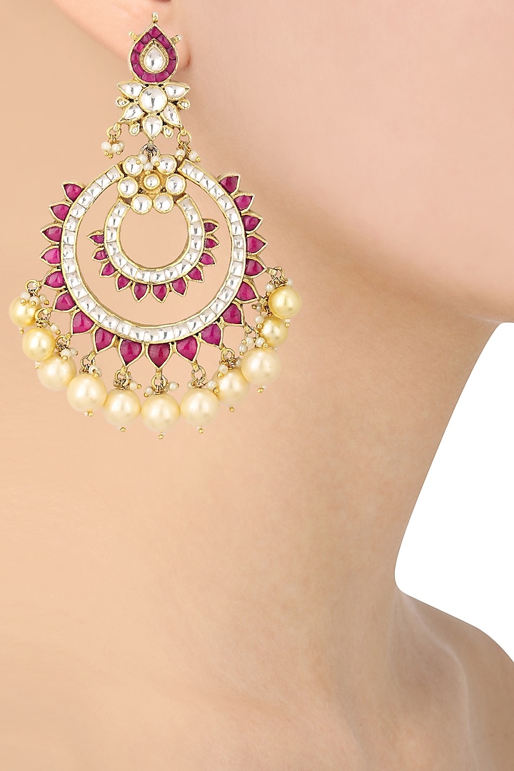 Gold finish white and pink jadtar stone chandbali earrings available only at Pernia's Pop Up Shop.