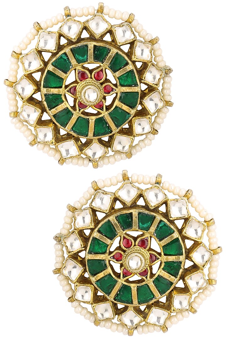 Gold finish green meenakari floral top earrings available only at Pernia's Pop Up Shop.
