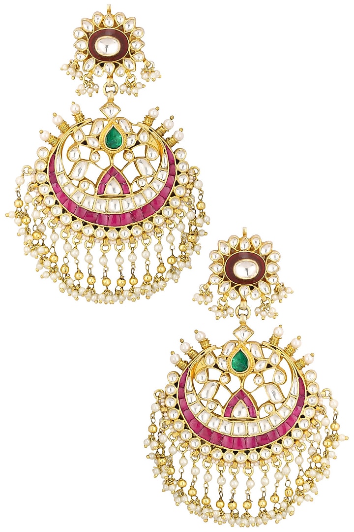 Gold finish white and green stone chandbali earrings available only at Pernia's Pop Up Shop.