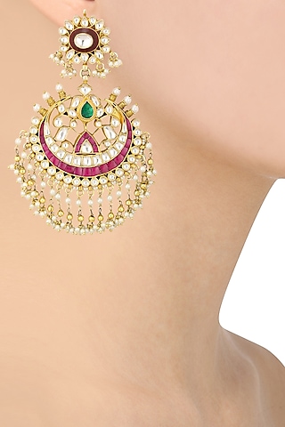 Gold Finish White and Green Stone Chandbali Earrings by Riana Jewellery