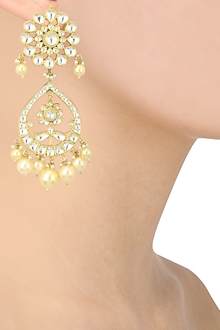 Gold Finish White Stone Floral Earrings by Riana Jewellery