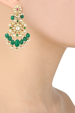 Gold Finish Pearl and Jadtar Stone Earrings by Riana Jewellery