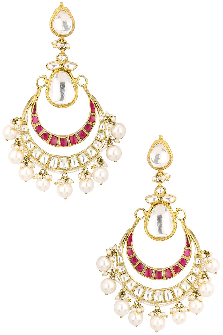 Gold finish white and pink stone crescent earrings available only at Pernia's Pop Up Shop.