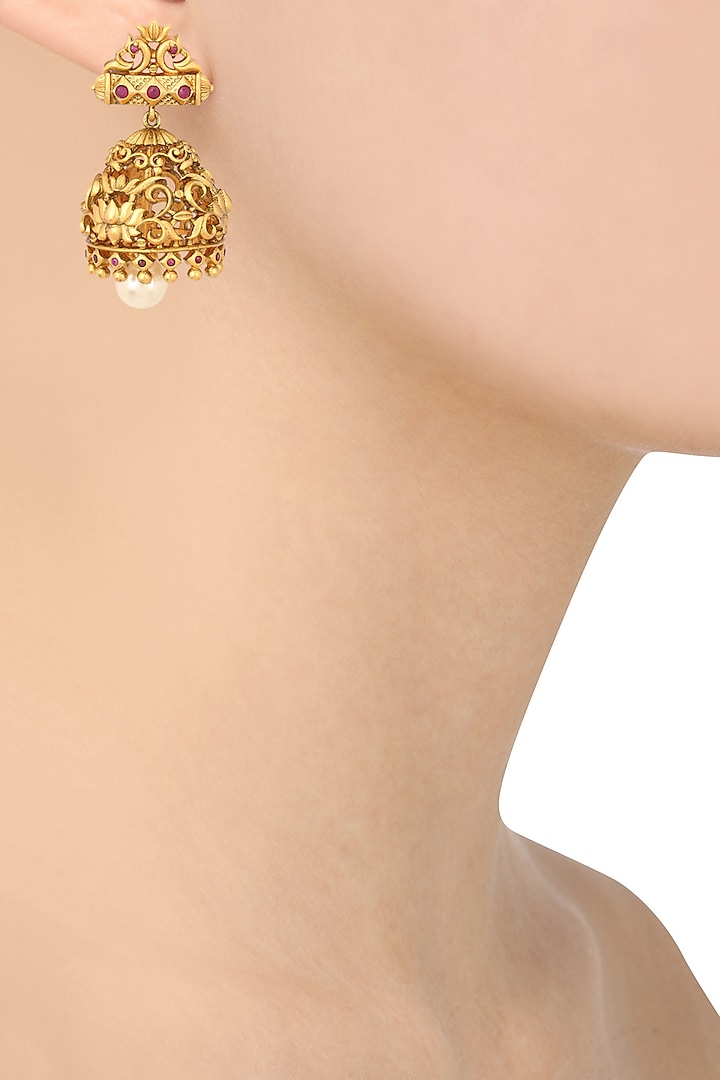 Gold Finish Floral Cutwork Jhumki Earrings by Riana Jewellery