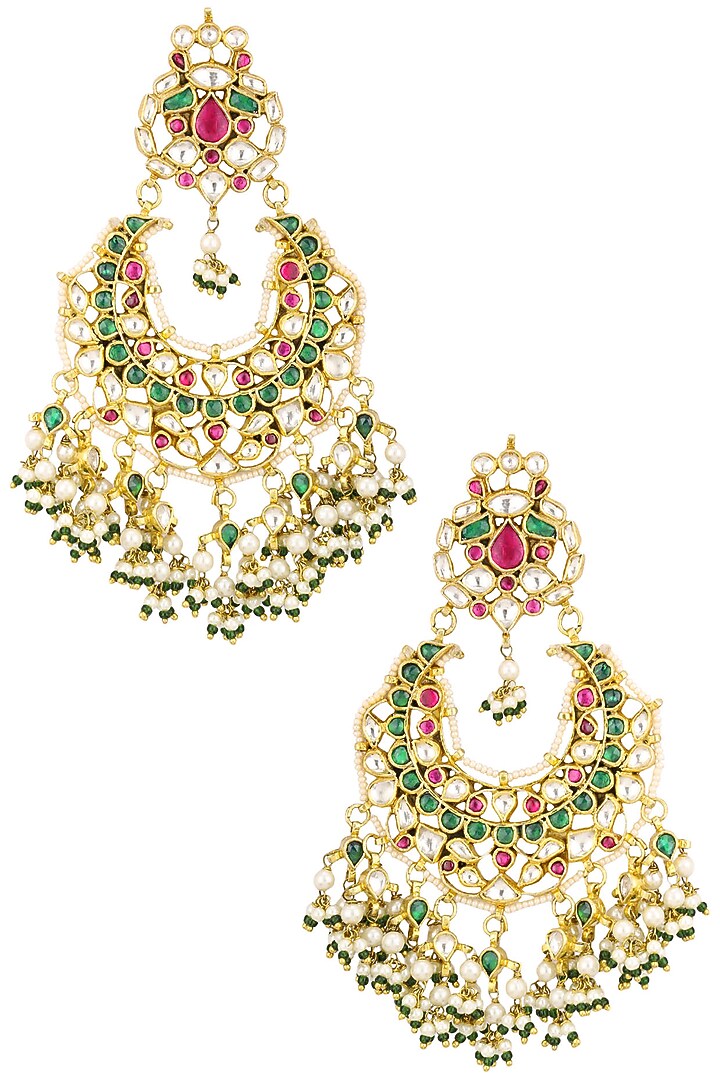 Gold finish white, green and pink stone chandbali earrings available only at Pernia's Pop Up Shop.