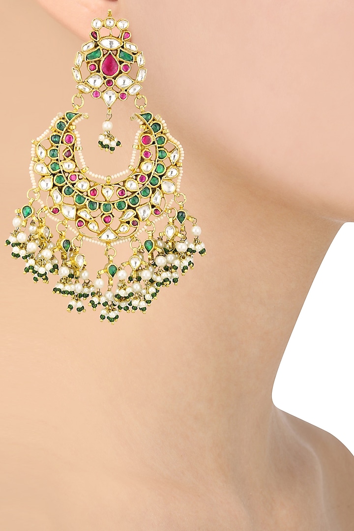 Gold Finish White, Green and Pink Stone Chandbali Earrings by Riana Jewellery