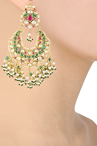 Gold Finish White, Green and Pink Stone Chandbali Earrings by Riana Jewellery