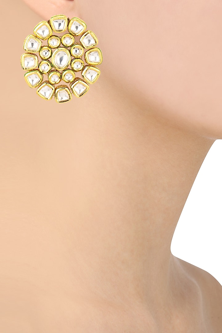 Gold Finish Kundan Stone Stud Earrings by Riana Jewellery