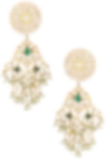 Gold Finish White and Green Stone Flower Top Earrings by Riana Jewellery