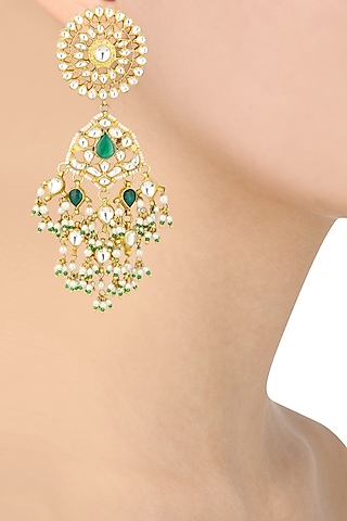Gold Finish White and Green Stone Flower Top Earrings by Riana Jewellery