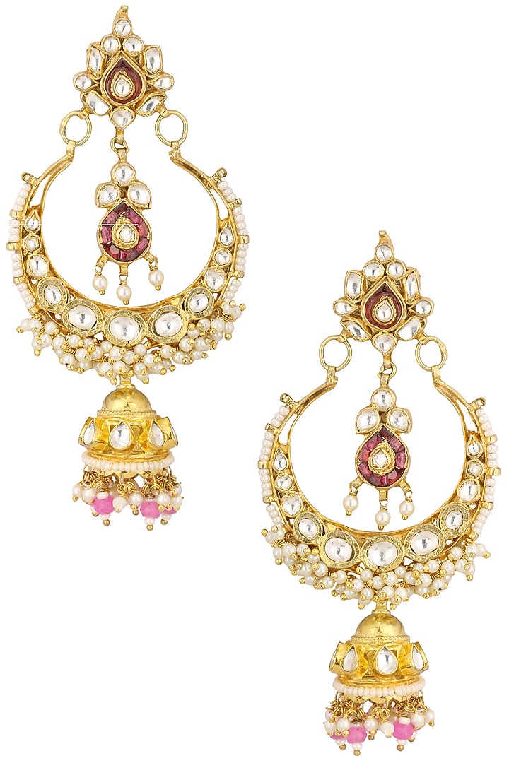 Gold finish white and pink stone crescent earrings available only at Pernia's Pop Up Shop.