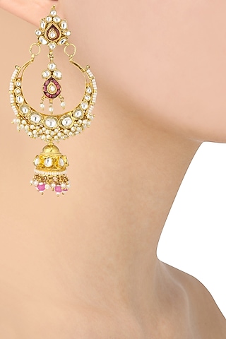Gold Finish White and Pink Stone Crescent Earrings by Riana Jewellery