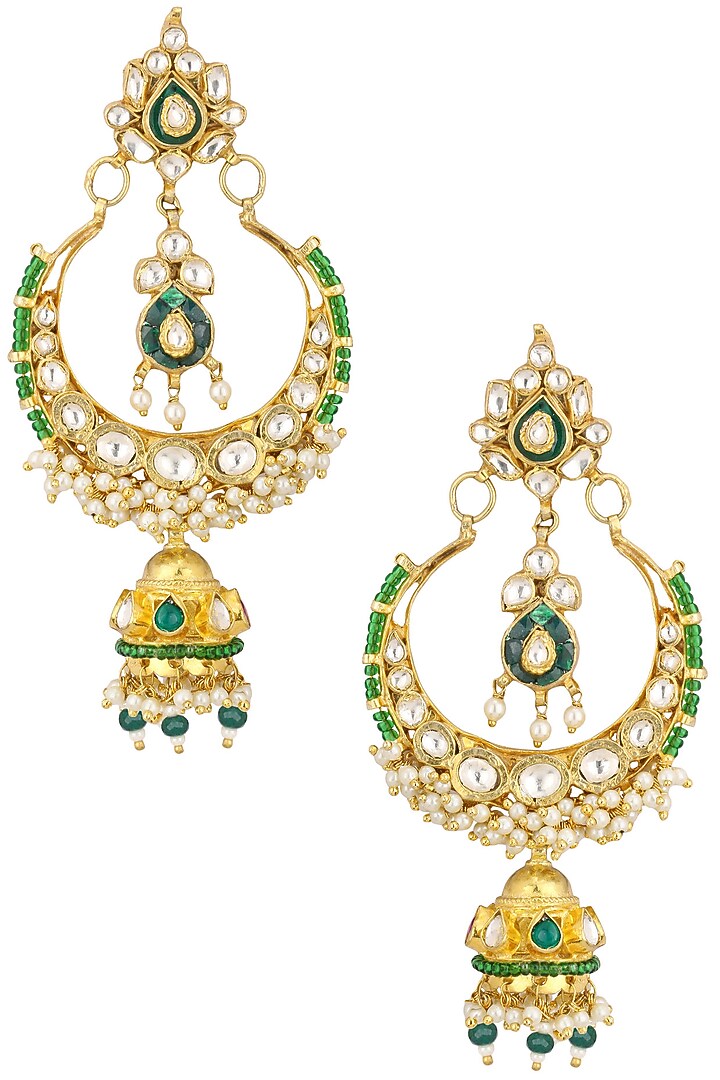 Gold finish white and green stone crescent earrings available only at Pernia's Pop Up Shop.