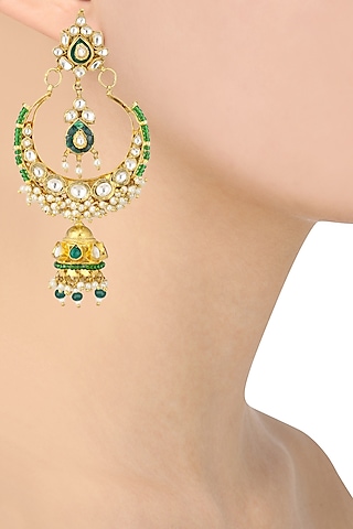Gold Finish White and Green Stone Crescent Earrings by Riana Jewellery